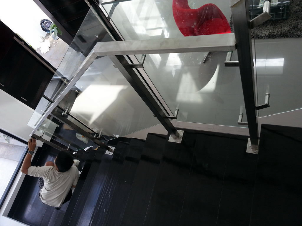 Glass Stair Railing in Stainless Frame Hairline Glass Stair Railing in Stainless Frame Hairline